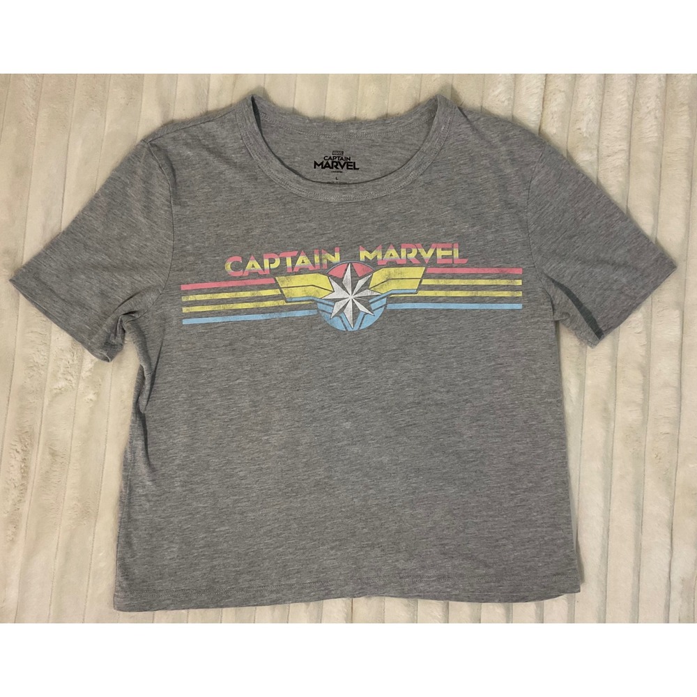 Marvel Captain Marvel Graphic T-Shirt Womens Large Fifth‎ Sun Grey Rainbow Logo